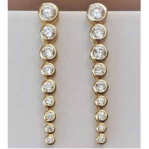 Sparkling Graduated Size CZ Gemstone Earrings Yellow Gold Pierced Dangle 2" Long